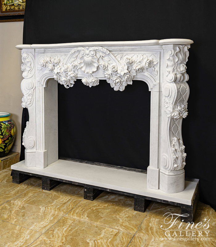 Marble Fireplaces  - Ornate French Marble Fireplace With Rose Garlands In Deep Relief - MFP-2334